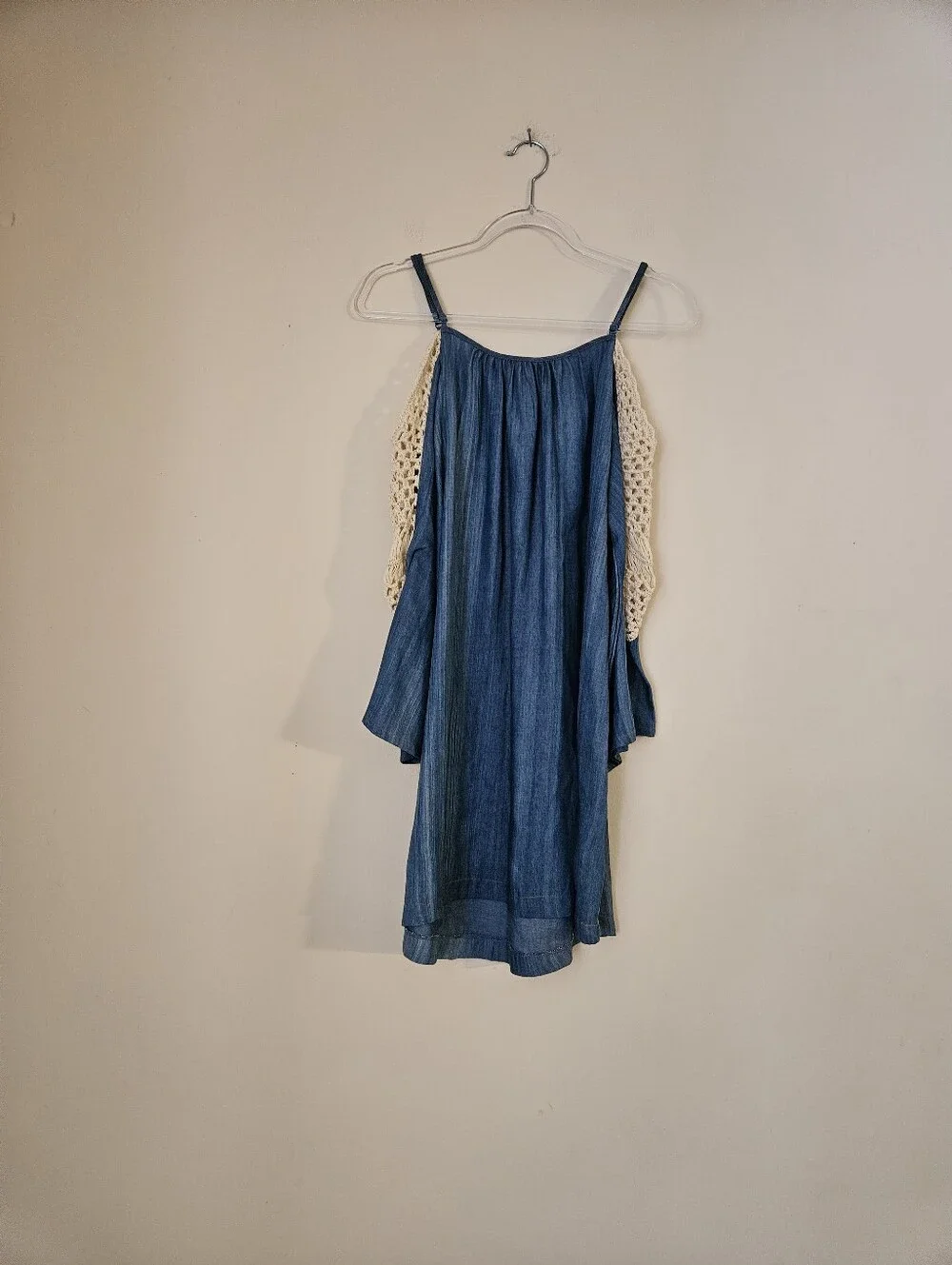 Umgee Blue Chambray Spaghetti Strap Dress with Cream Crochet Sides, Size Large